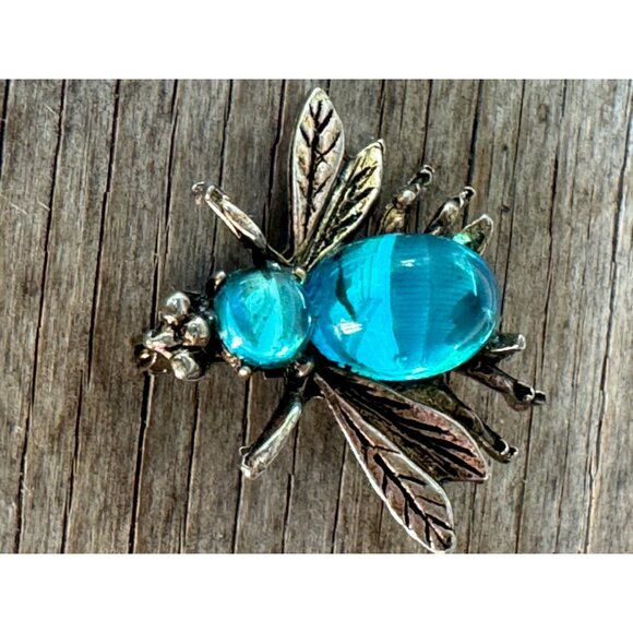 Vintage Rhinestone Bee Brooch Pin Antique Silver-Tone Insect Jewelry With Blue S - Picture 2 of 9